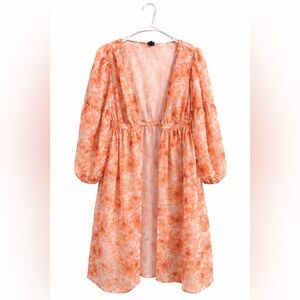 M Express Floral Button Front Boho Babydoll Dress S/M Sheer Orange Flowy